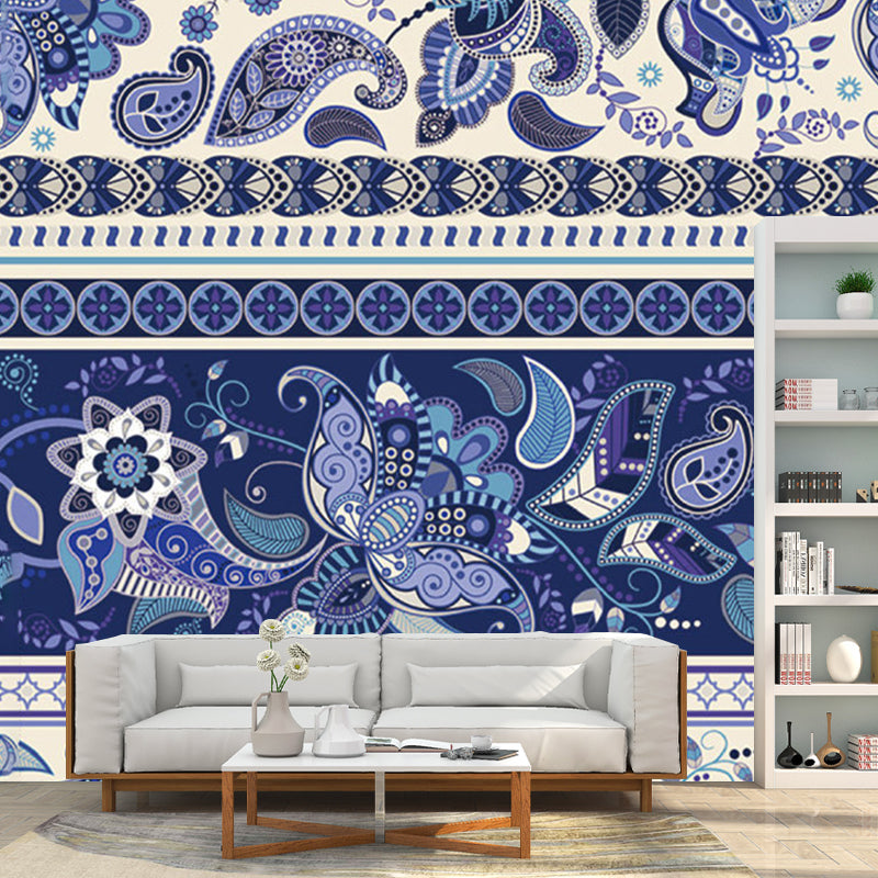 Bohemia Floral Wallpaper Murals for Living Room Custom Size Wall Art in Blue-Purple Clearhalo 'Wall Decor' 'Wall Mural' 1213271