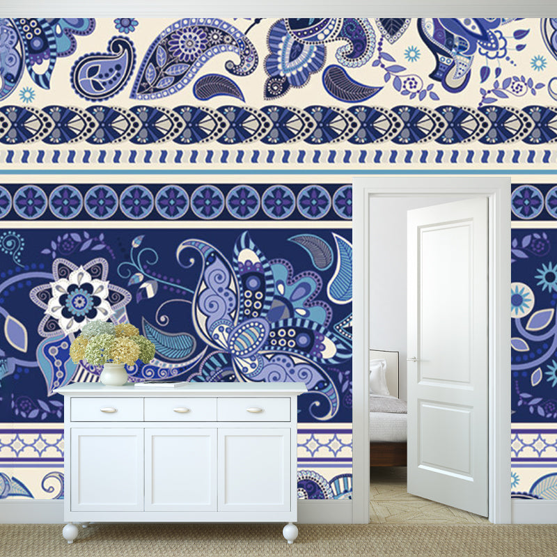 Bohemia Floral Wallpaper Murals for Living Room Custom Size Wall Art in Blue-Purple Clearhalo 'Wall Decor' 'Wall Mural' 1213272