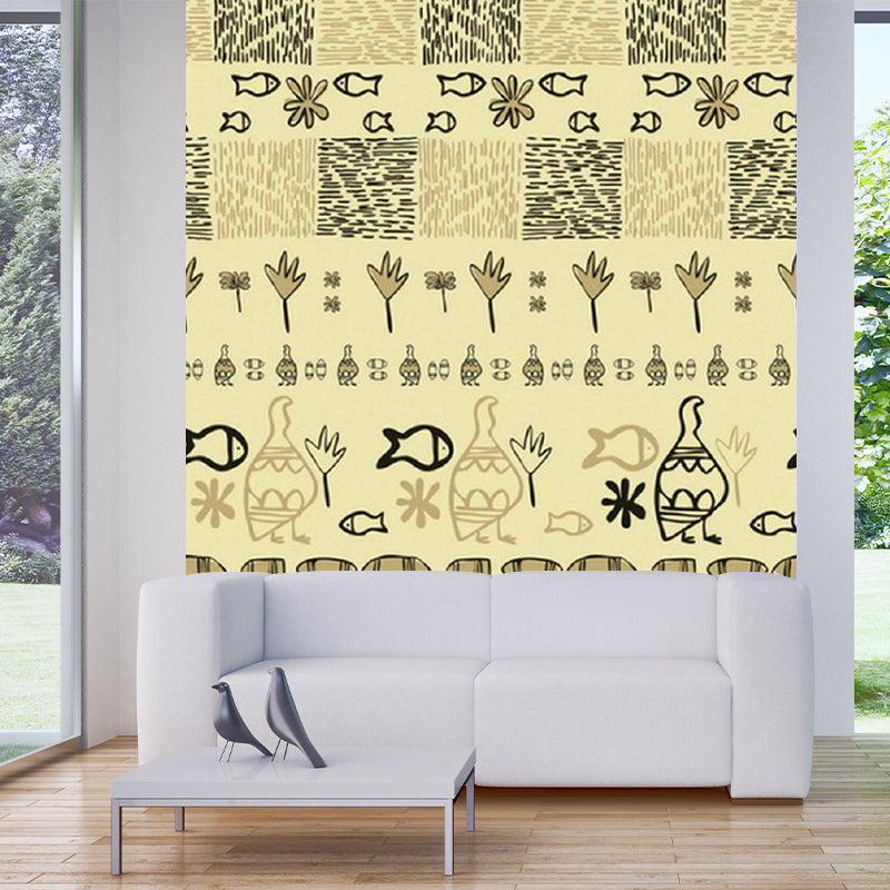 Boho Tribal Animals Murals Wallpaper Yellow Living Room Wall Art, Made to Measure Yellow Clearhalo 'Wall Decor' 'Wall Mural' 1213305