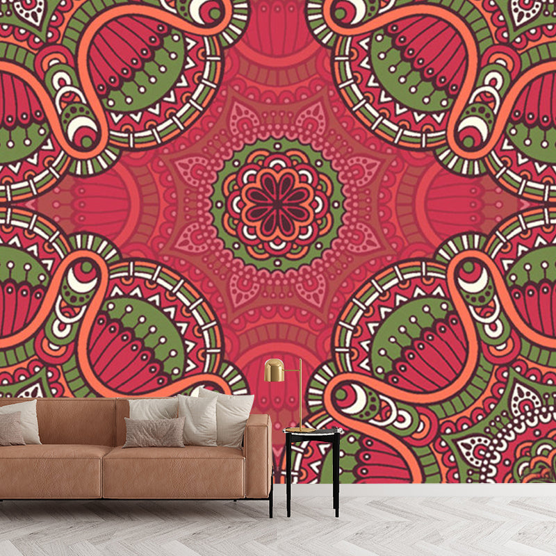 Large Boho Style Wall Mural Decal Red-Green Abstract Wall Art, Custom Size Available Clearhalo 'Wall Decor' 'Wall Mural' 1213370