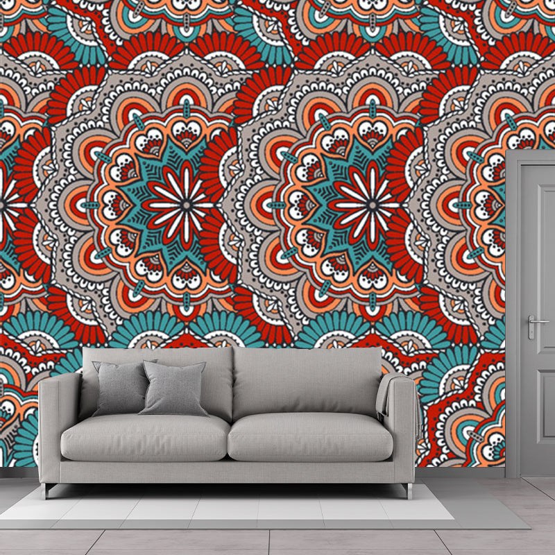 Custom Illustration Boho Wallpaper Murals with Scalloped Pattern in Red and Blue Red-Blue Clearhalo 'Wall Decor' 'Wall Mural' 1213420