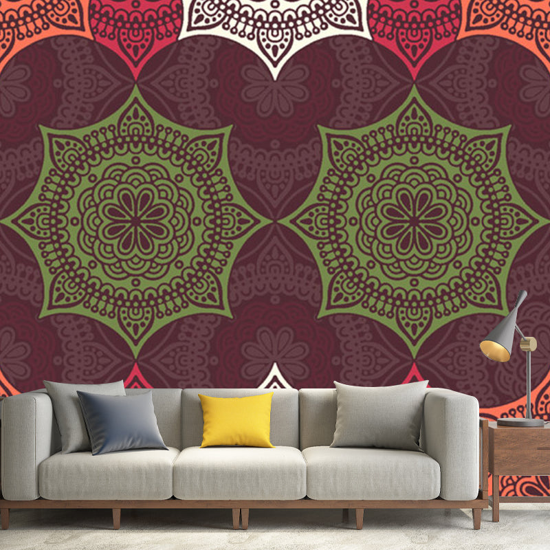 Boho-Chic Floral Pattern Murals Orange and Green Living Room Wall Decor, Made to Measure Orange-Green Clearhalo 'Wall Decor' 'Wall Mural' 1213435