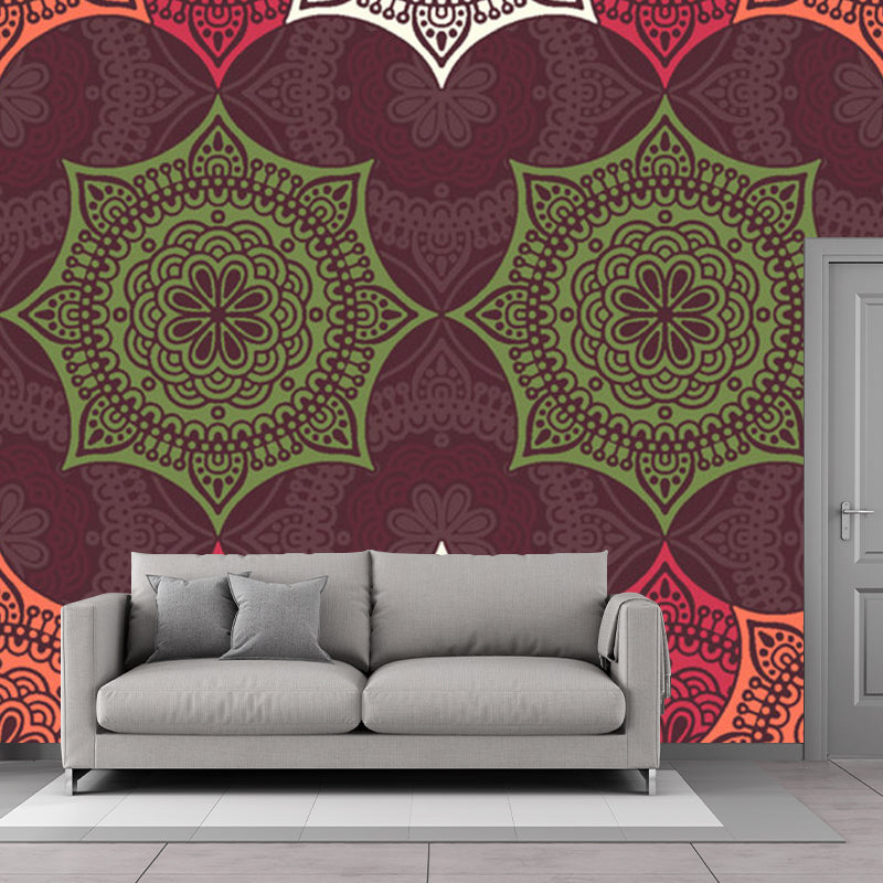 Boho-Chic Floral Pattern Murals Orange and Green Living Room Wall Decor, Made to Measure Clearhalo 'Wall Decor' 'Wall Mural' 1213436