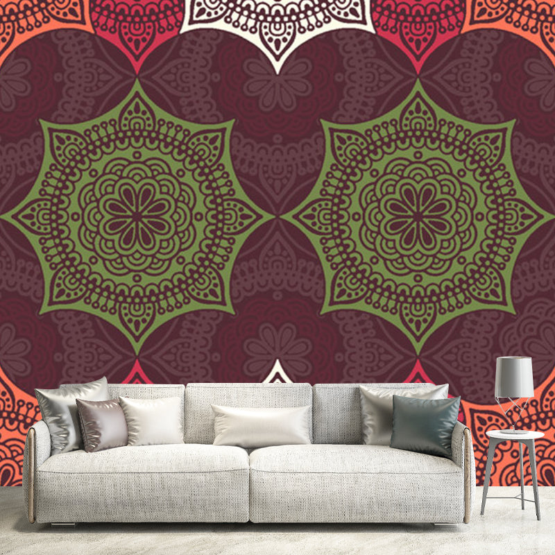 Boho-Chic Floral Pattern Murals Orange and Green Living Room Wall Decor, Made to Measure Clearhalo 'Wall Decor' 'Wall Mural' 1213437