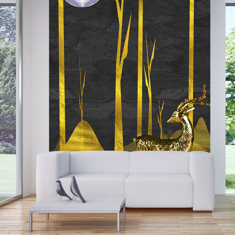 Custom Illustration Artistic Murals with Forest Deer at Moon Night Pattern in Black-Gold Black-Gold Clearhalo 'Wall Decor' 'Wall Mural' 1218422