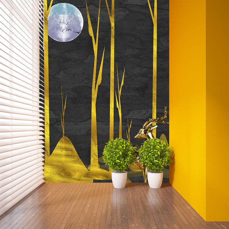 Custom Illustration Artistic Murals with Forest Deer at Moon Night Pattern in Black-Gold Clearhalo 'Wall Decor' 'Wall Mural' 1218423