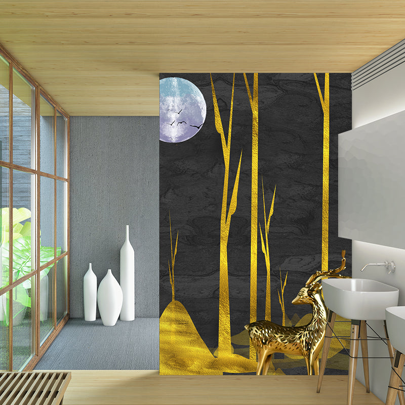 Custom Illustration Artistic Murals with Forest Deer at Moon Night Pattern in Black-Gold Clearhalo 'Wall Decor' 'Wall Mural' 1218424