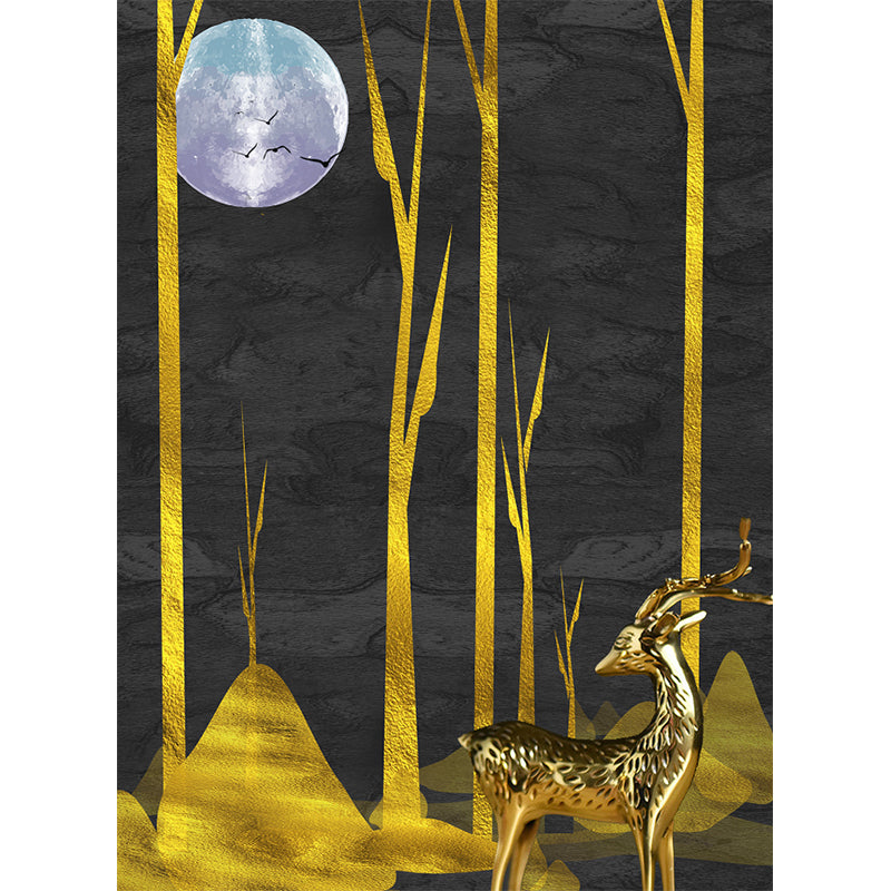 Custom Illustration Artistic Murals with Forest Deer at Moon Night Pattern in Black-Gold Clearhalo 'Wall Decor' 'Wall Mural' 1218425