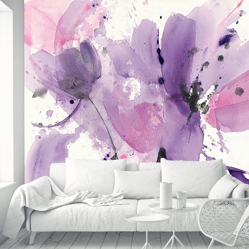 Purple-Pink Art Deco Mural Decal Whole Watercolor Petals Drawing Wall Covering for Bedroom Purple-Pink Clearhalo 'Wall Decor' 'Wall Mural' 1218437