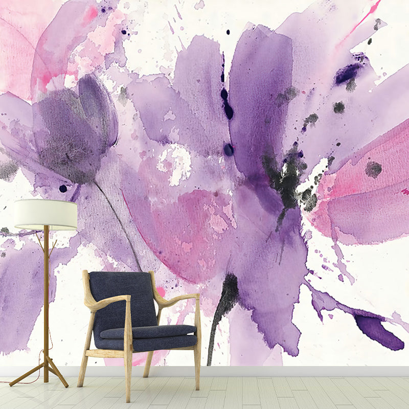 Purple-Pink Art Deco Mural Decal Whole Watercolor Petals Drawing Wall Covering for Bedroom Clearhalo 'Wall Decor' 'Wall Mural' 1218438