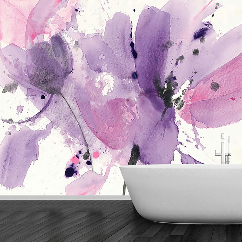 Purple-Pink Art Deco Mural Decal Whole Watercolor Petals Drawing Wall Covering for Bedroom Clearhalo 'Wall Decor' 'Wall Mural' 1218439