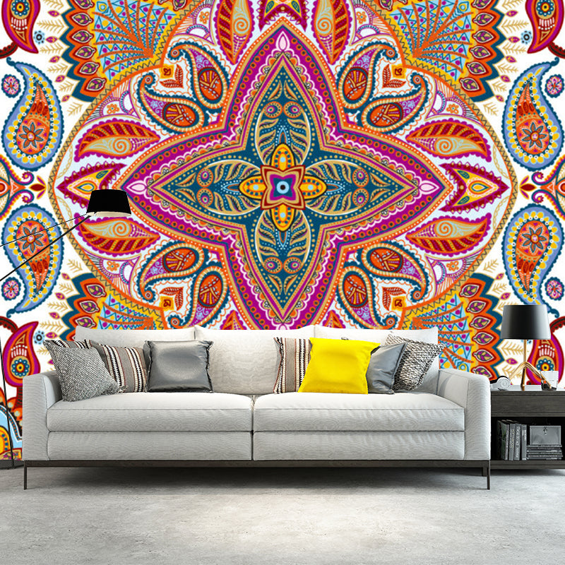 Boho Peacock Tail Wall Mural Red-Yellow-Blue-Green Stain Resistant Wall Decor for Bedroom Red-Yellow-Blue-Green Clearhalo 'Wall Decor' 'Wall Mural' 1218457