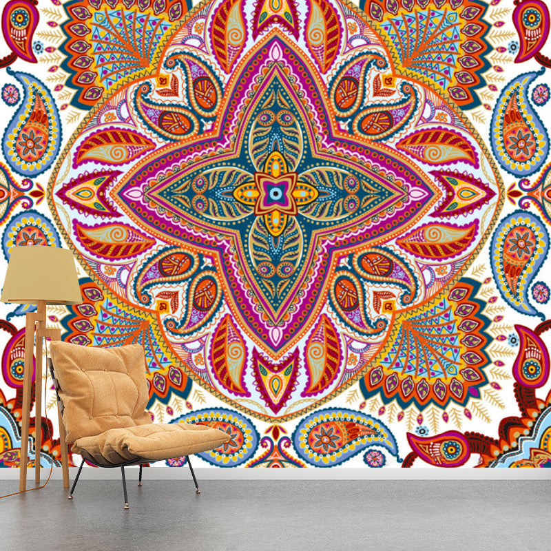 Boho Peacock Tail Wall Mural Red-Yellow-Blue-Green Stain Resistant Wall Decor for Bedroom Clearhalo 'Wall Decor' 'Wall Mural' 1218459