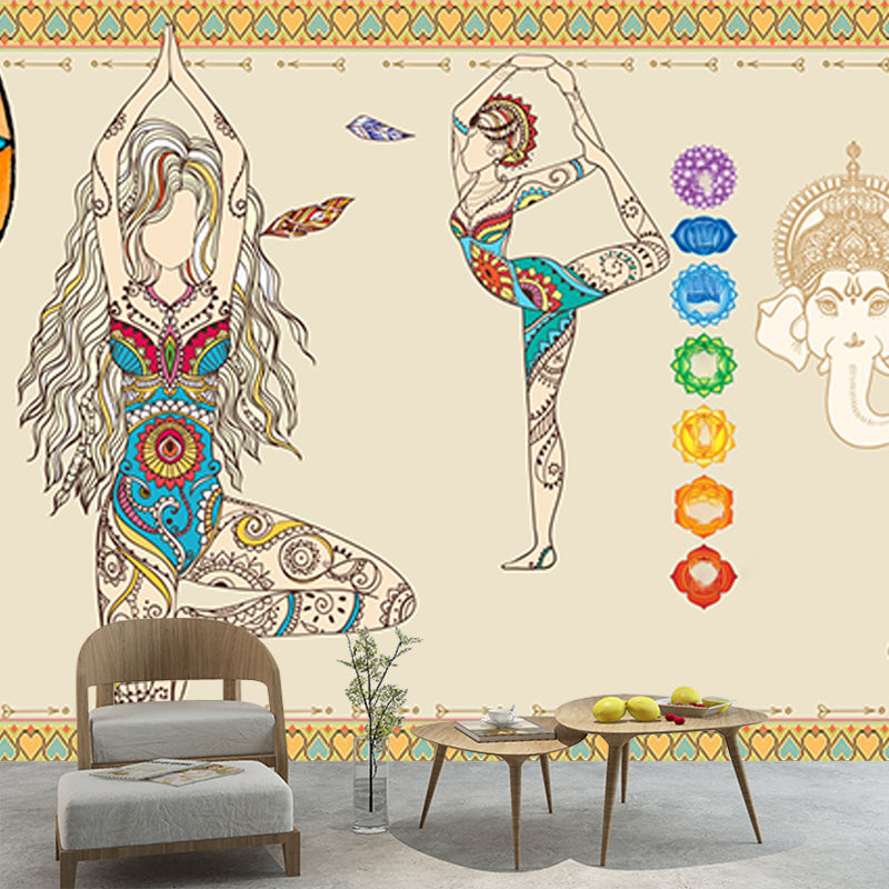 Beige Artistry Wall Covering Mural Large Yoga Girls Pattern Wall Art for Bedroom Beige Clearhalo 'Wall Decor' 'Wall Mural' 1218462