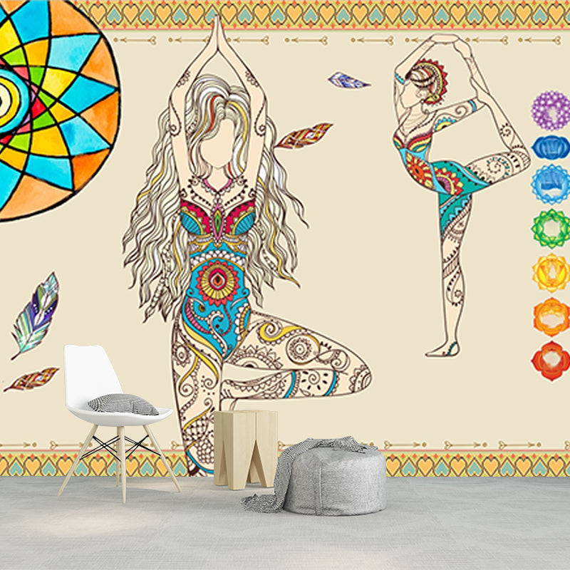 Beige Artistry Wall Covering Mural Large Yoga Girls Pattern Wall Art for Bedroom Clearhalo 'Wall Decor' 'Wall Mural' 1218463