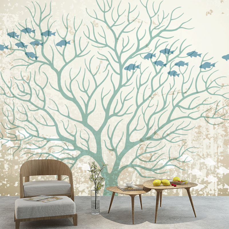 Fish and Bare Tree Murals Modern Moisture Resistant Living Room Wall Covering, Made to Measure Green Clearhalo 'Wall Decor' 'Wall Mural' 1218501