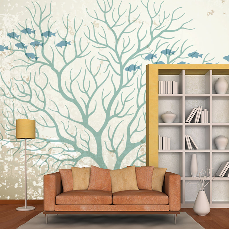 Fish and Bare Tree Murals Modern Moisture Resistant Living Room Wall Covering, Made to Measure Clearhalo 'Wall Decor' 'Wall Mural' 1218502