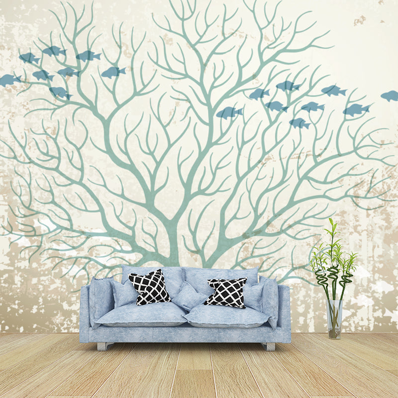 Fish and Bare Tree Murals Modern Moisture Resistant Living Room Wall Covering, Made to Measure Clearhalo 'Wall Decor' 'Wall Mural' 1218503