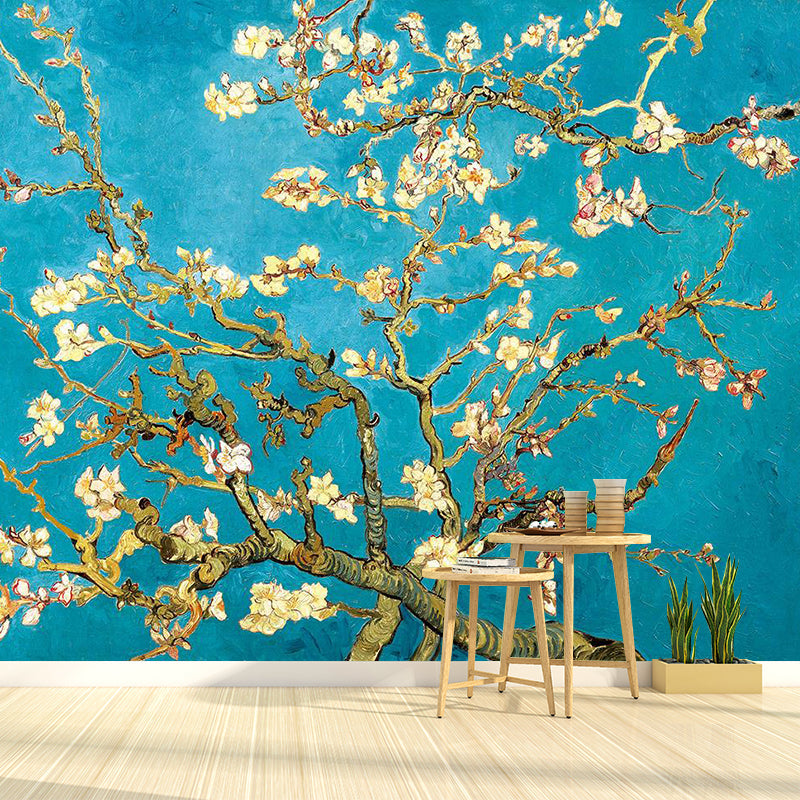 Asian Plum Tree Wall Mural Decal Yellow and Blue Waterproof Wall Decor for Bedroom Clearhalo 'Wall Decor' 'Wall Mural' 1218523