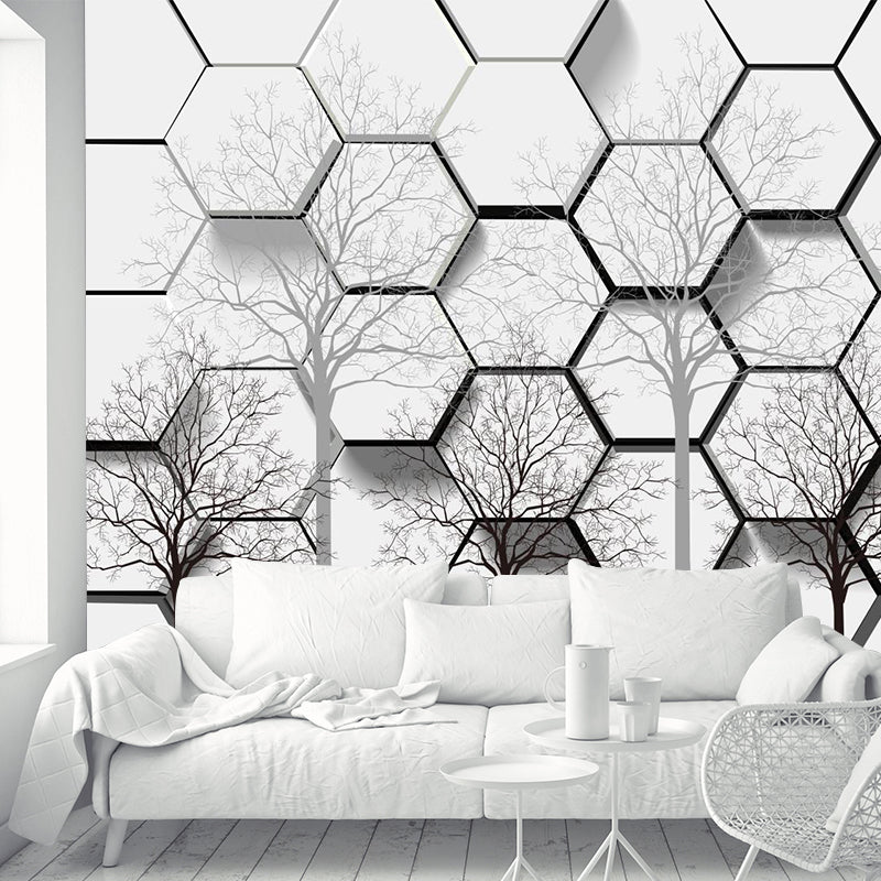 Creative Honeycomb Bare Tree Mural Black-White Moisture Resistant Wall Art for Home Black-White Clearhalo 'Wall Decor' 'Wall Mural' 1218531