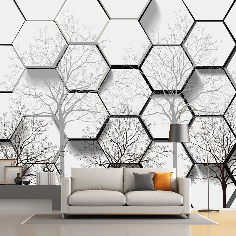 Creative Honeycomb Bare Tree Mural Black-White Moisture Resistant Wall Art for Home Clearhalo 'Wall Decor' 'Wall Mural' 1218532