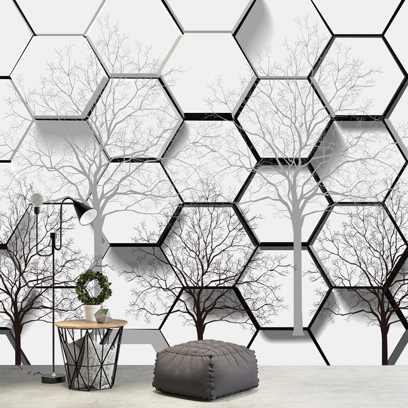 Creative Honeycomb Bare Tree Mural Black-White Moisture Resistant Wall Art for Home Clearhalo 'Wall Decor' 'Wall Mural' 1218533