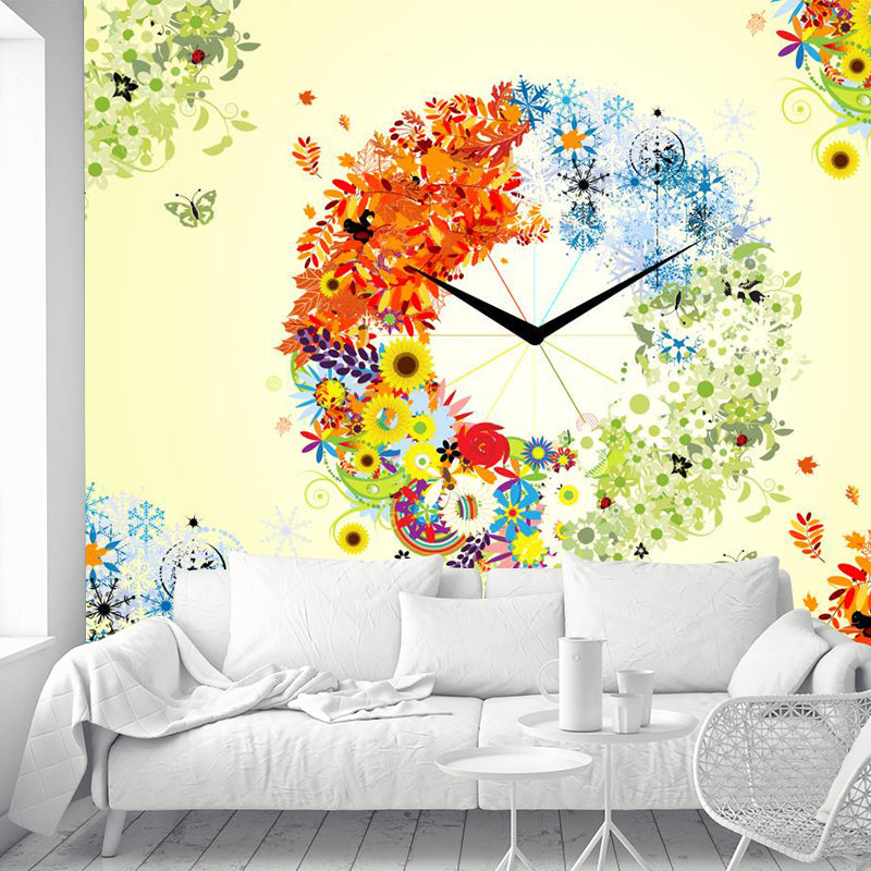 Four Season Clock Wall Murals Artistry Moisture Resistant Wall Decor for Bedroom, Custom Size Blue-Orange-Yellow Clearhalo 'Wall Decor' 'Wall Mural' 1218541