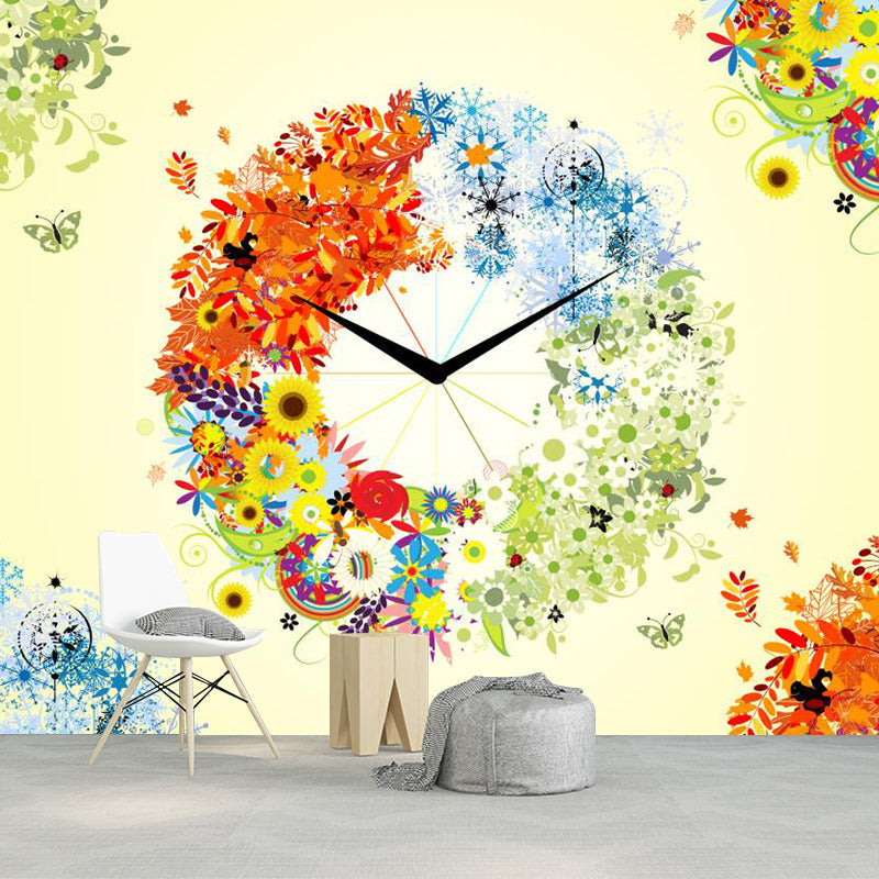 Four Season Clock Wall Murals Artistry Moisture Resistant Wall Decor for Bedroom, Custom Size Clearhalo 'Wall Decor' 'Wall Mural' 1218543