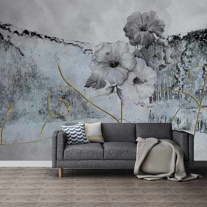 Minimalist Flower Ink Planting Murals Black-Grey Bedroom Wall Covering, Personalized Size Black-Gray Clearhalo 'Wall Decor' 'Wall Mural' 1218546