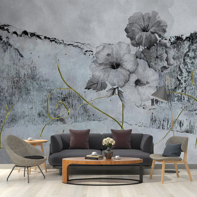 Minimalist Flower Ink Planting Murals Black-Grey Bedroom Wall Covering, Personalized Size Clearhalo 'Wall Decor' 'Wall Mural' 1218547