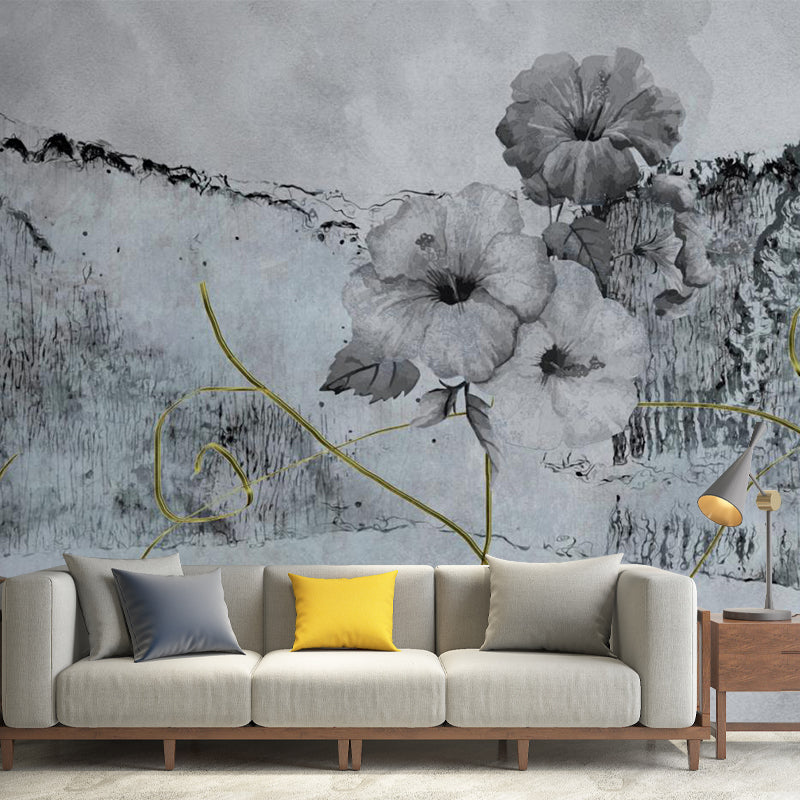 Minimalist Flower Ink Planting Murals Black-Grey Bedroom Wall Covering, Personalized Size Clearhalo 'Wall Decor' 'Wall Mural' 1218548