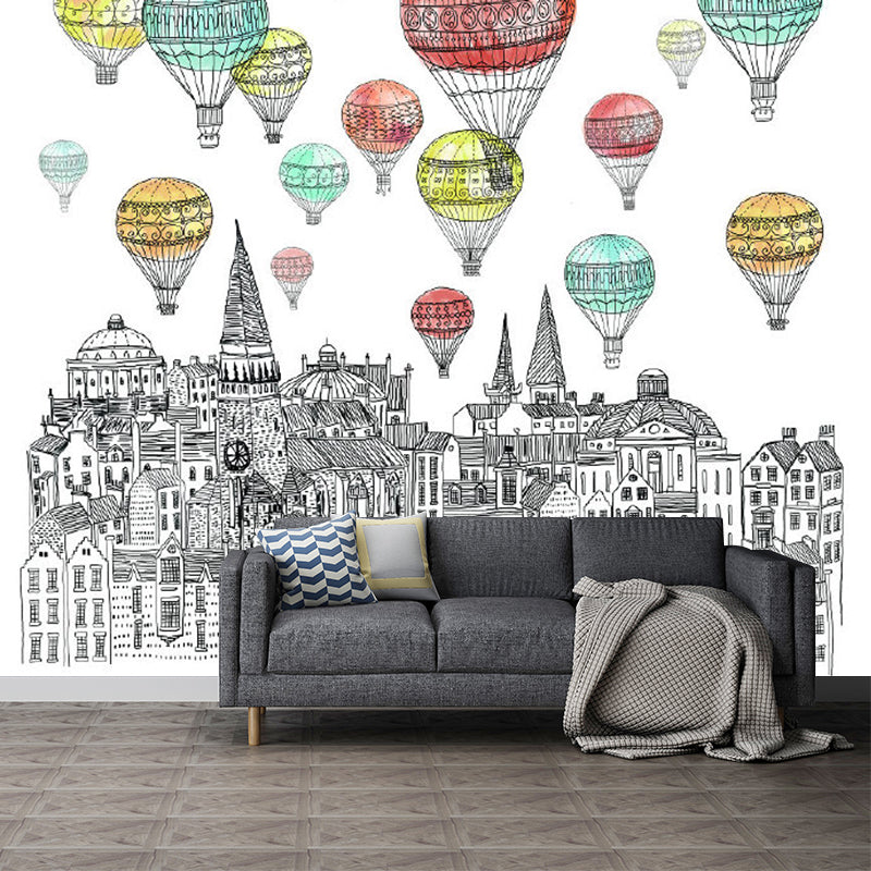 Childrens Art Castle Wall Murals Red-Yellow-Green Hot Air Balloon Wall Decor for Kids Room Clearhalo 'Wall Decor' 'Wall Mural' 1218608