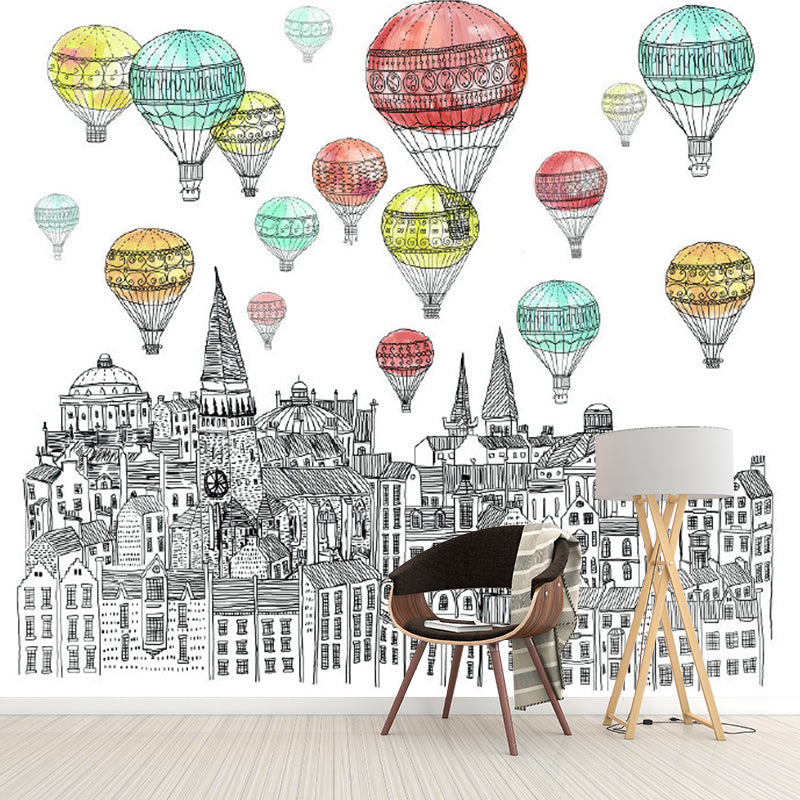 Childrens Art Castle Wall Murals Red-Yellow-Green Hot Air Balloon Wall Decor for Kids Room Clearhalo 'Wall Decor' 'Wall Mural' 1218609