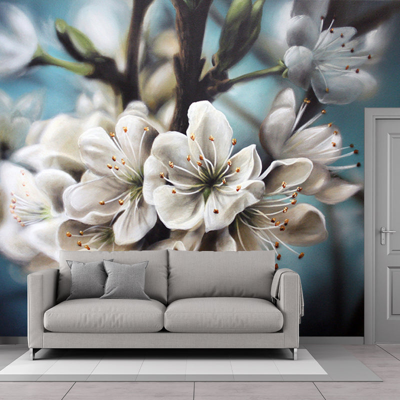 Photography Flower Wall Paper Murals for Home, Blue and White, Personalised Size Blue-White Clearhalo 'Wall Decor' 'Wall Mural' 1218612