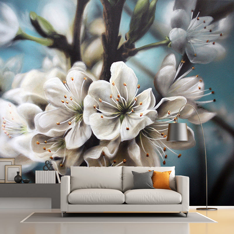 Photography Flower Wall Paper Murals for Home, Blue and White, Personalised Size Clearhalo 'Wall Decor' 'Wall Mural' 1218613