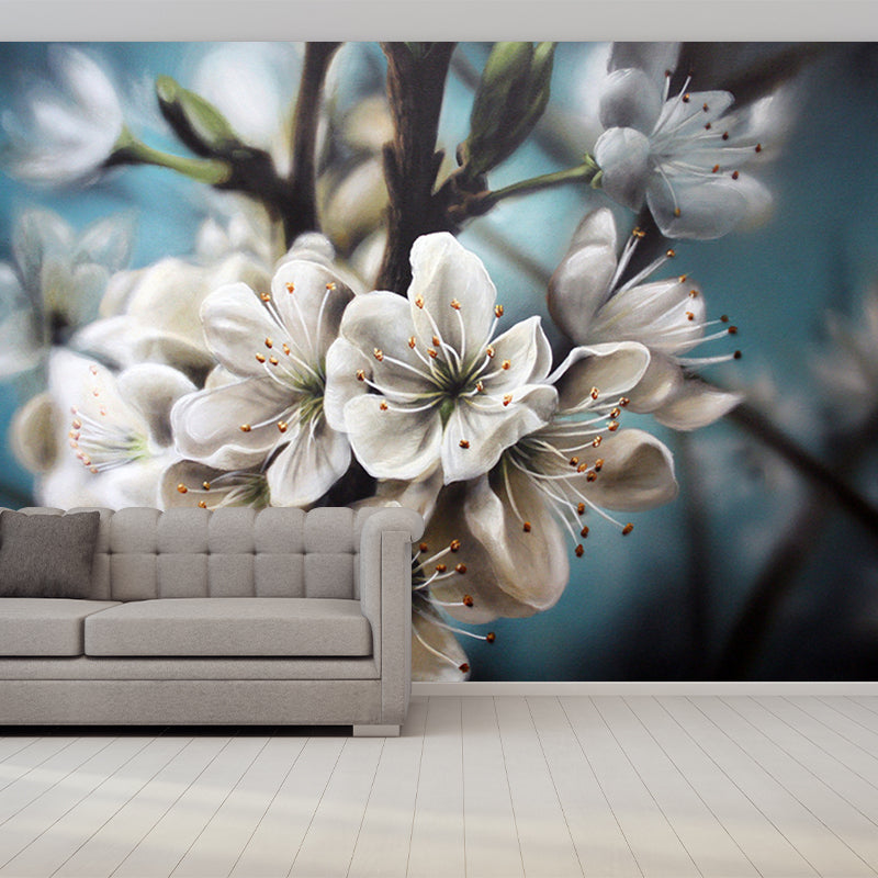 Photography Flower Wall Paper Murals for Home, Blue and White, Personalised Size Clearhalo 'Wall Decor' 'Wall Mural' 1218614