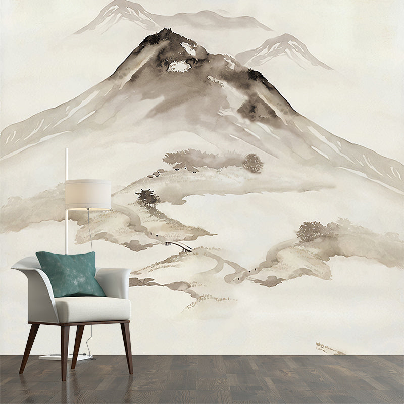 Ink Painting Mountain Peak Murals Chinoiserie Water-Proof Living Room Wall Decor, Custom Size Gray-Black Clearhalo 'Wall Decor' 'Wall Mural' 1218617