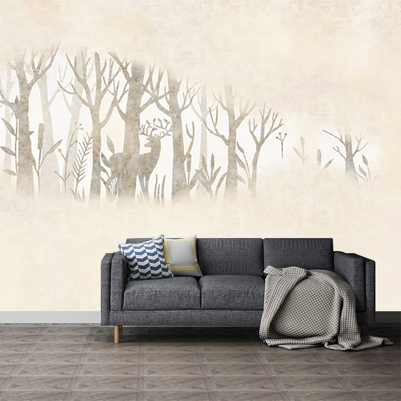 Beige Creative Wall Covering Murals Customized Wild Deer and Foggy Mirror Wall Art for Home Decor Clearhalo 'Wall Decor' 'Wall Mural' 1218684