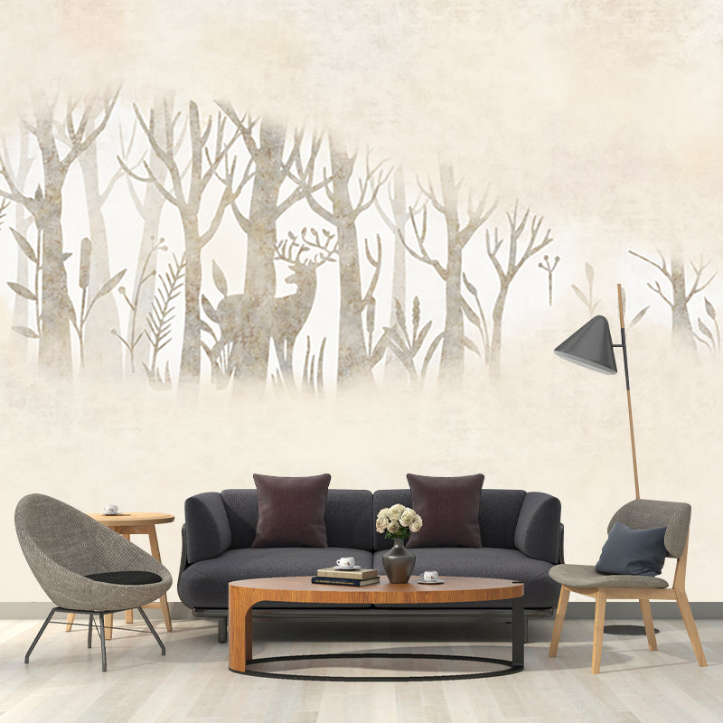 Beige Creative Wall Covering Murals Customized Wild Deer and Foggy Mirror Wall Art for Home Decor Clearhalo 'Wall Decor' 'Wall Mural' 1218685