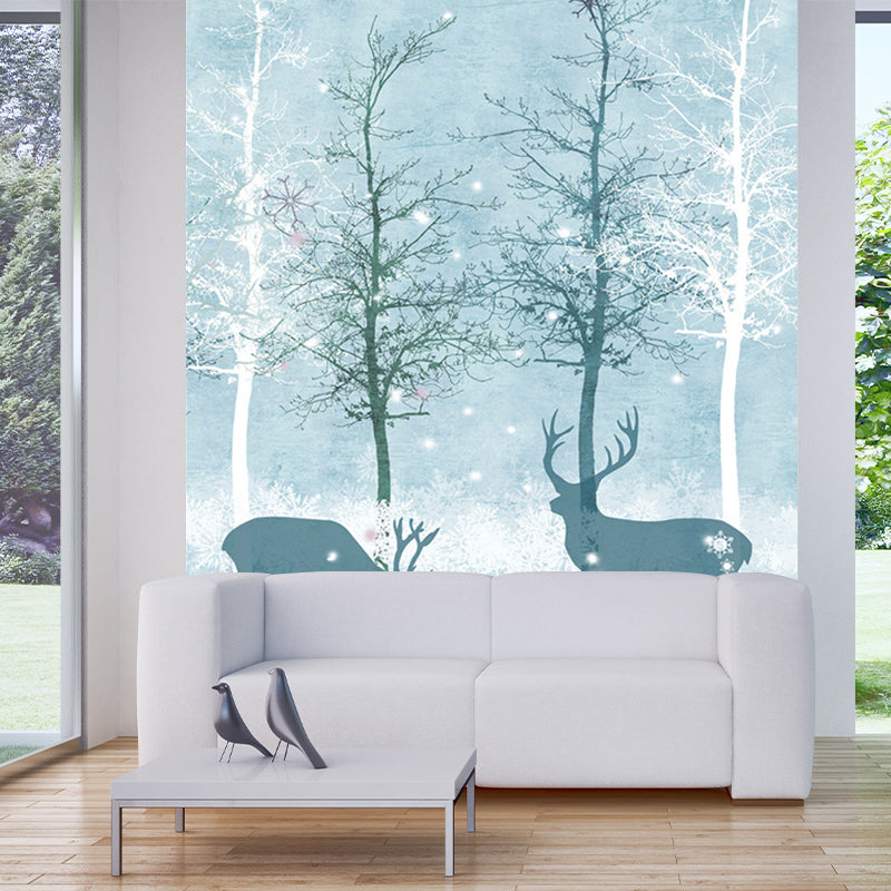 Full-Size Scandinavian Mural Decal Blue Deer in Night Forest Patterned Wall Art, Made to Measure Blue Clearhalo 'Wall Decor' 'Wall Mural' 1218688