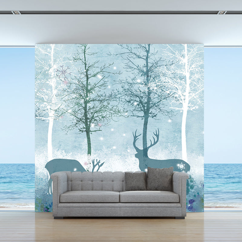 Full-Size Scandinavian Mural Decal Blue Deer in Night Forest Patterned Wall Art, Made to Measure Clearhalo 'Wall Decor' 'Wall Mural' 1218689