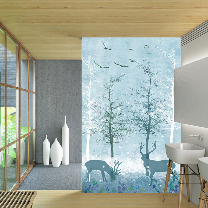 Full-Size Scandinavian Mural Decal Blue Deer in Night Forest Patterned Wall Art, Made to Measure Clearhalo 'Wall Decor' 'Wall Mural' 1218690