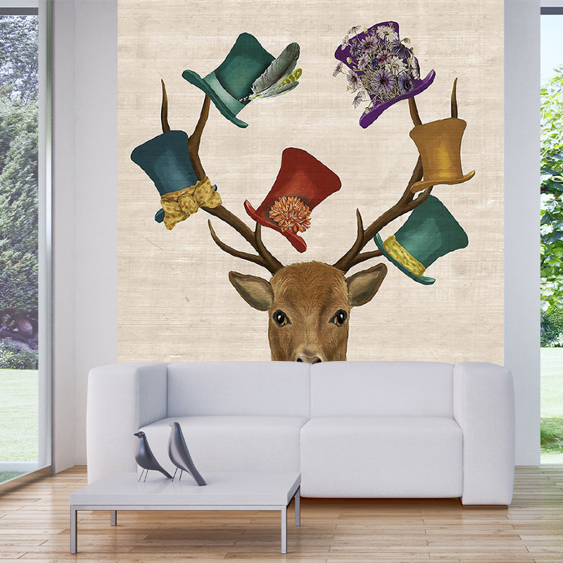 Non-Woven Washable Murals Nordic Elk with Top Hats Patterned Wall Covering in Brown Brown Clearhalo 'Wall Decor' 'Wall Mural' 1218693