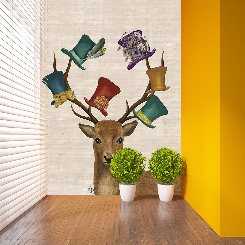 Non-Woven Washable Murals Nordic Elk with Top Hats Patterned Wall Covering in Brown Clearhalo 'Wall Decor' 'Wall Mural' 1218694