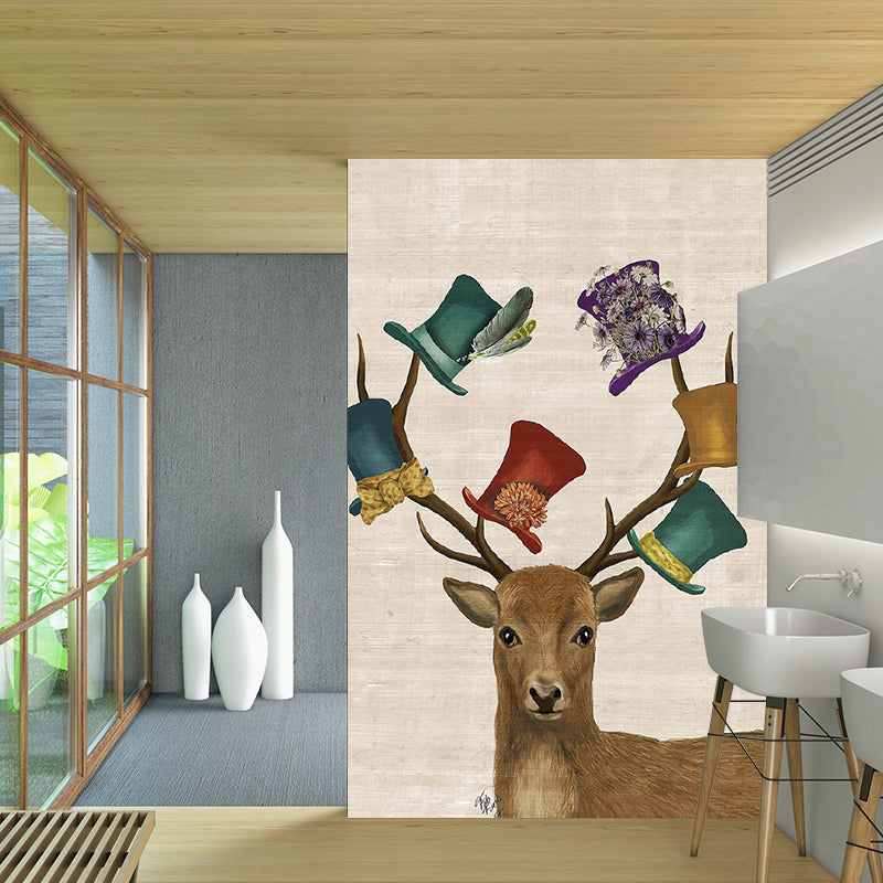 Non-Woven Washable Murals Nordic Elk with Top Hats Patterned Wall Covering in Brown Clearhalo 'Wall Decor' 'Wall Mural' 1218695