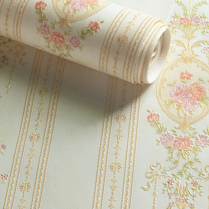 Cottage Striped Wallpaper Roll Soft-Color Flower Wall Decor for Living Room, 54.2-sq ft Beige Clearhalo 'Country wall decor' 'Rustic' 'Wallpaper' Wall Decor' 1219097