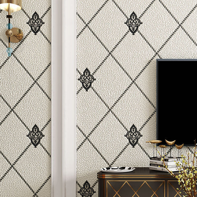 Stain-Resistant Trellis Wallpaper Flock Material Modern Style Wall Art for Living Room Black-White Clearhalo 'Modern wall decor' 'Modern' 'Wallpaper' Wall Decor' 1219326