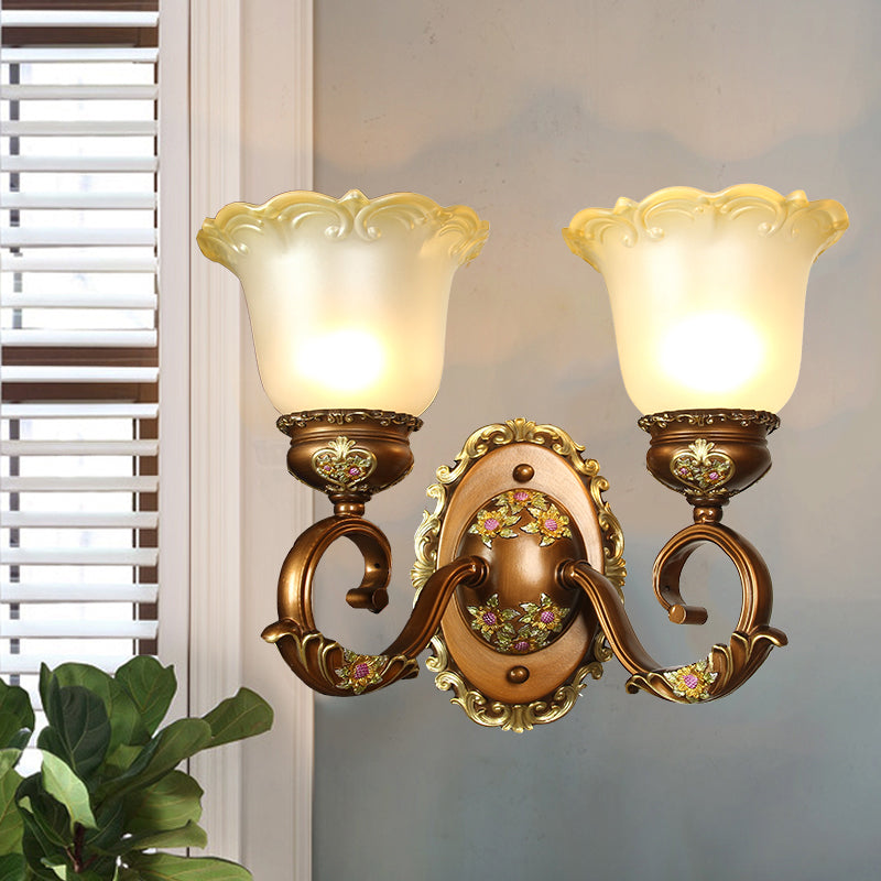 Retro Style Blossom Shaped Wall Lighting Fixture 1/2-Bulb Beveled Crystal Sconce Light in Brown Clearhalo 'Wall Lamps & Sconces' 'Wall Lights' Lighting' 1220689