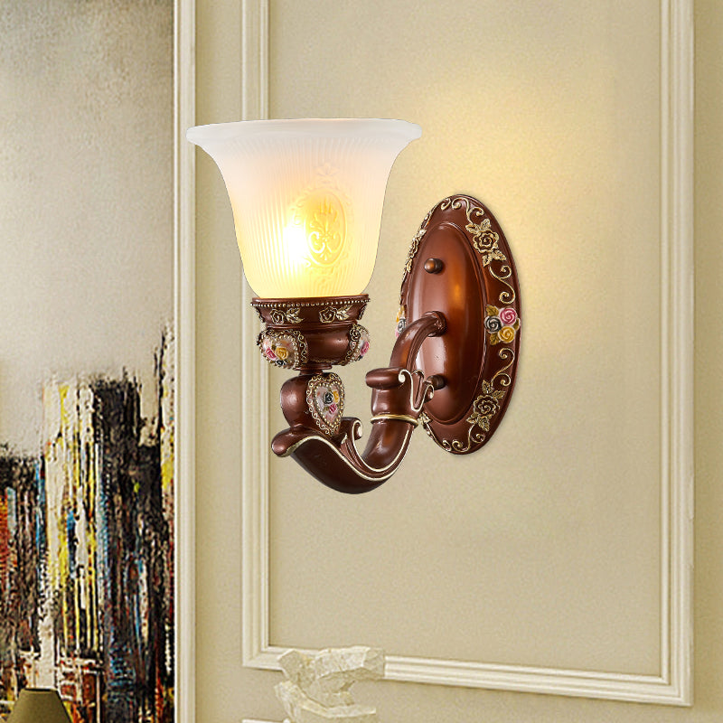 Brown Bell Shade Sconce Light Fixture Antique Style Milky Glass 1/2-Head Bedside Wall Mount Light Clearhalo 'Wall Lamps & Sconces' 'Wall Lights' Lighting' 1220694