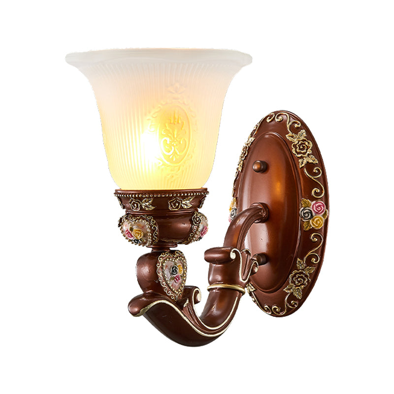 Brown Bell Shade Sconce Light Fixture Antique Style Milky Glass 1/2-Head Bedside Wall Mount Light Clearhalo 'Wall Lamps & Sconces' 'Wall Lights' Lighting' 1220695